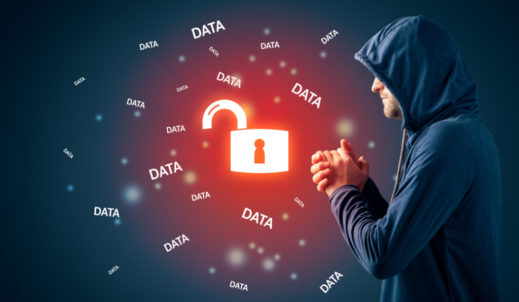 Guy with a hoodie. Open lock covered in red with the word data written around the lock.