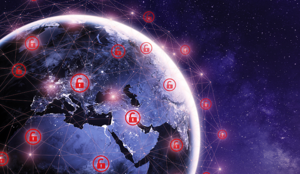 Earth covered in a network with locks all around.