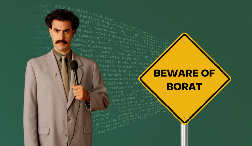 Borat standing with a mike in his and next to a sign saying beware of borat.