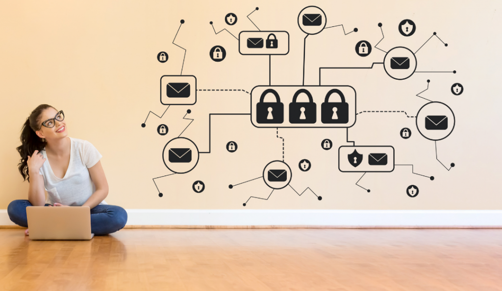 Women sitting with her laptop next to a drawing of icons connected, showing its password protected.