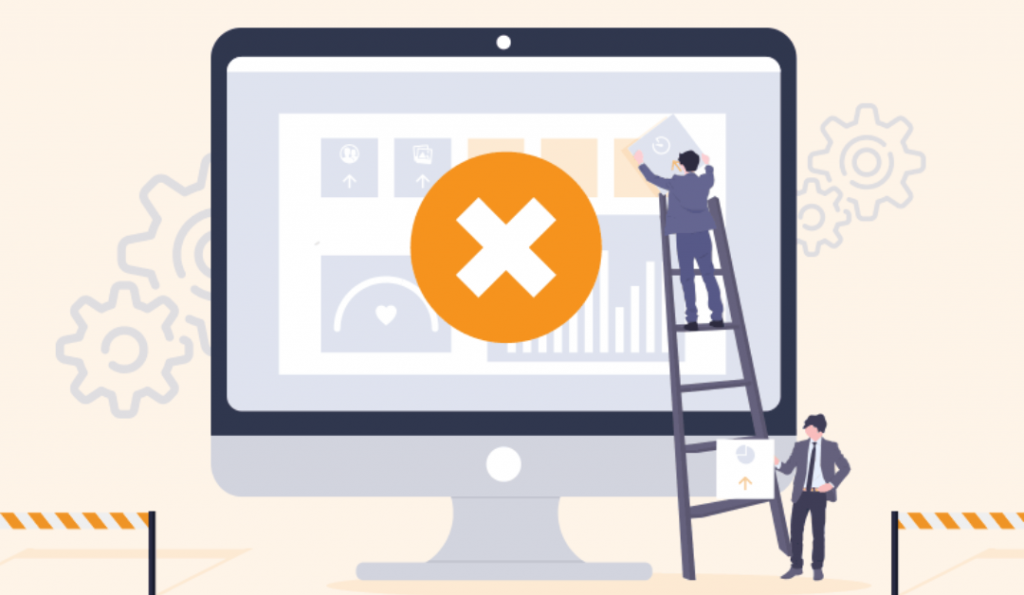 Person standing on a ladder in front of a computer screen.