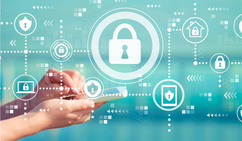 Hands holding a phone and security icons scattered over picture.