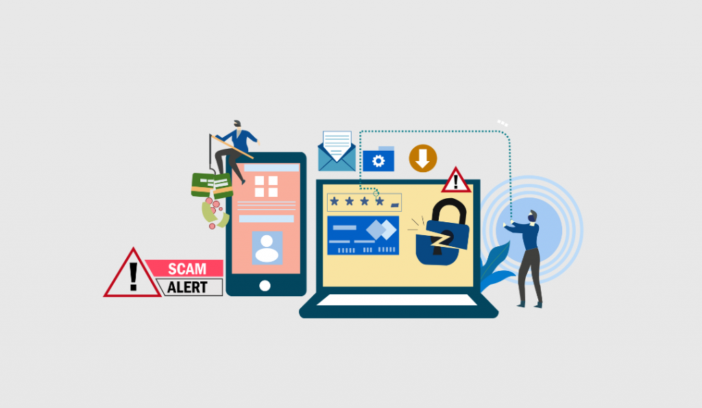 Phone and computer showing no security and a phishing attack. Bank card hanging from a fishing rod.