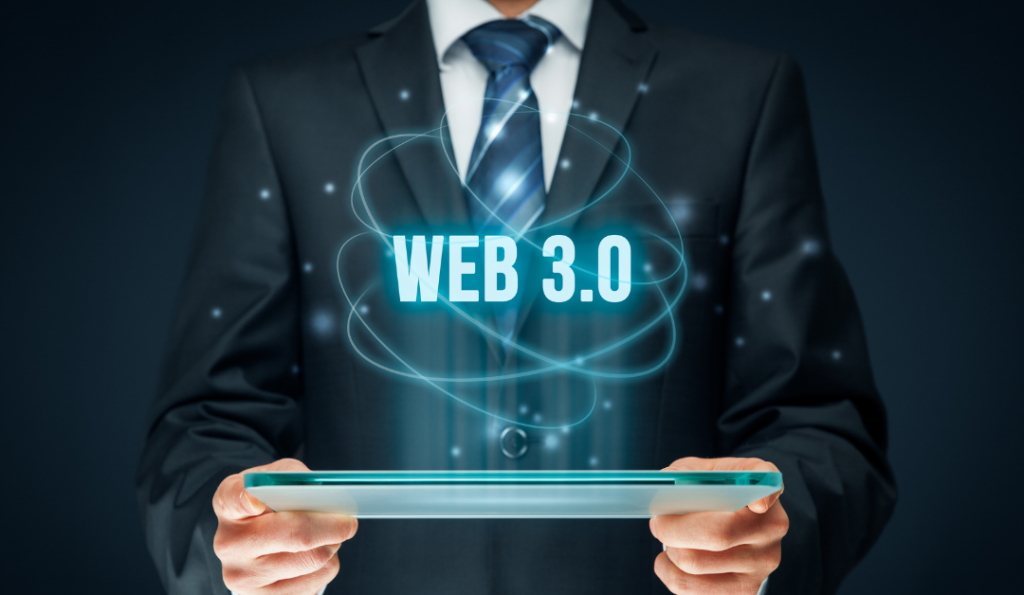 Person holding a device showing Web 3.0