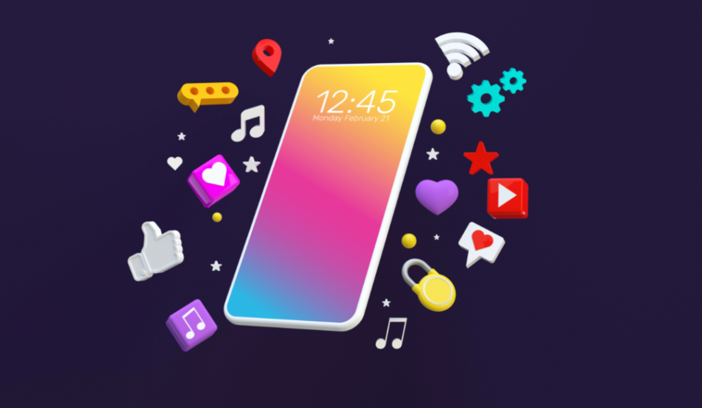 Cell phone with icons at the sides representing social media.