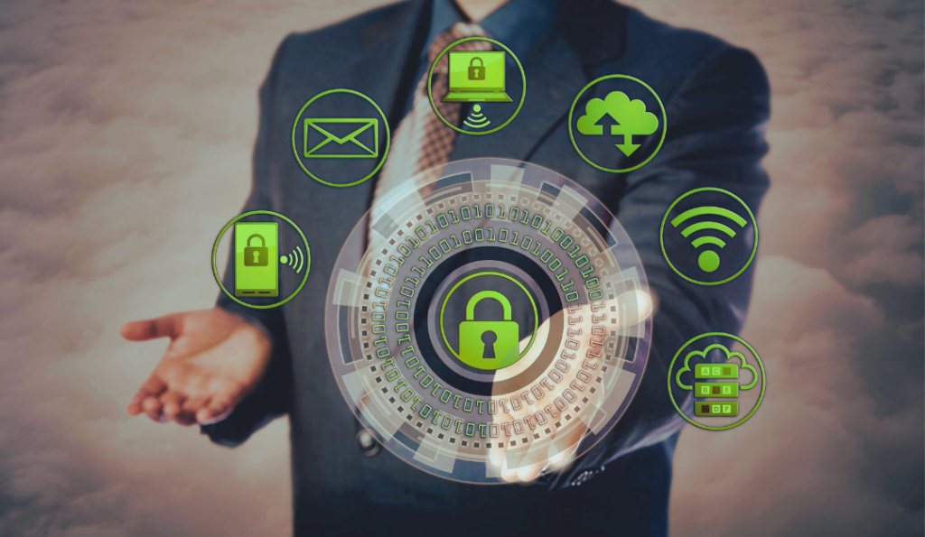 Person holding out their hands showing a lock and icons around representing security.